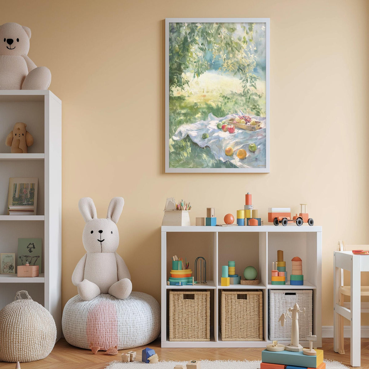 A cozy children's room with a white bookshelf, a plush rabbit, and a colorful toy box filled with toys. A framed painting of a picnic scene hangs on the wall, and a basket of toys is placed on the floor.
