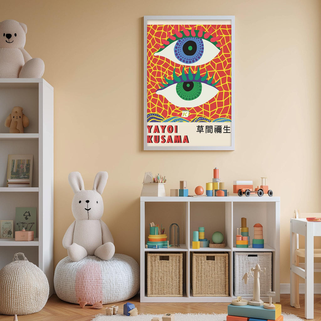 A child's bedroom with a large poster of a colorful eye design on the wall, a white bookshelf filled with toys, and a small stuffed rabbit sitting on a cushion.