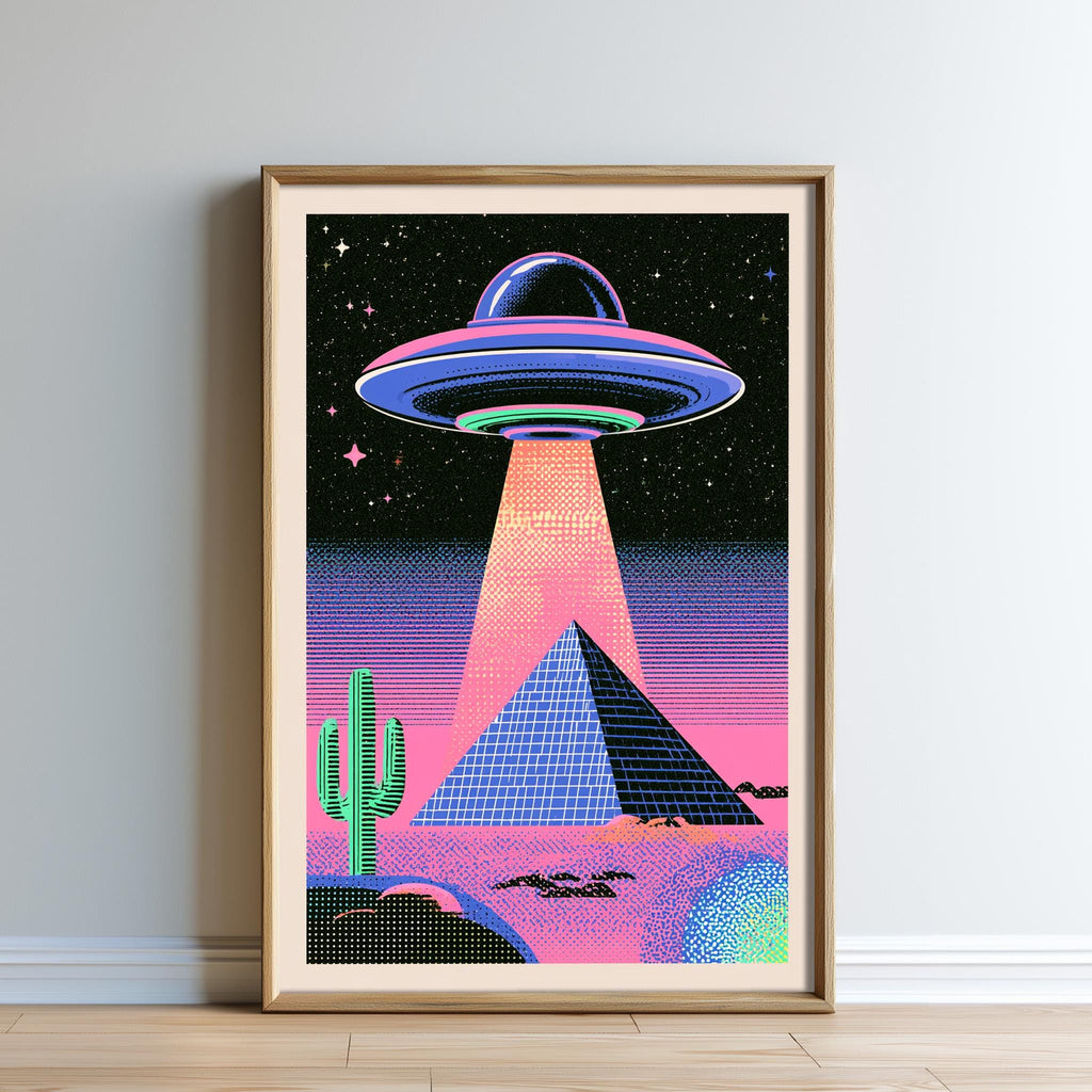 The image is a framed poster depicting a futuristic scene with a large spaceship hovering over a desert landscape, including a cactus and a pyramid.