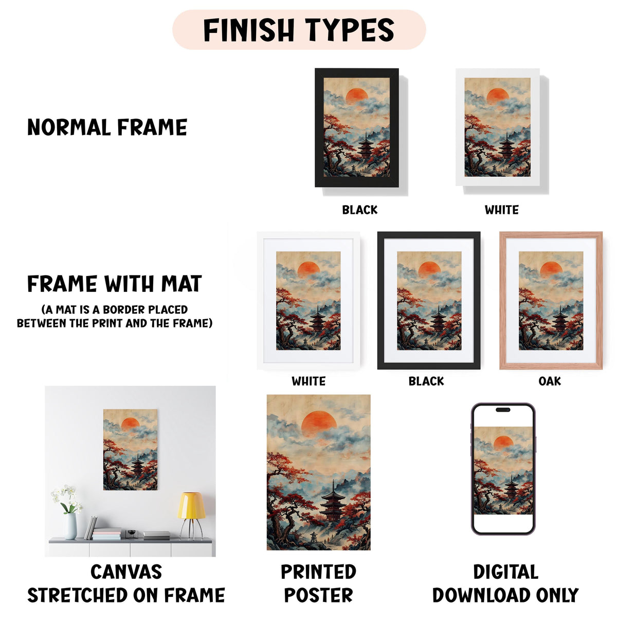 various types of artwork, including a canvas stretched on a frame, a framed poster, and a digital poster. The artwork is presented in different frame colors, such as black, white, and oak. The image also includes a description of the artwork, including the finish types and the materials used, such as canvas and poster.