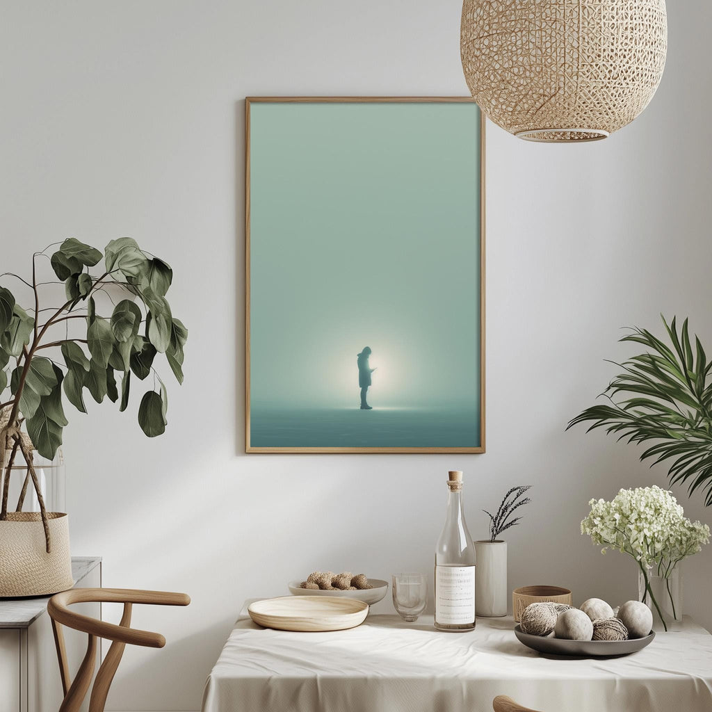 a minimalist dining room with a white tablecloth, a framed picture of a person, and various decorative elements such as potted plants, vases, and a bowl of fruit.