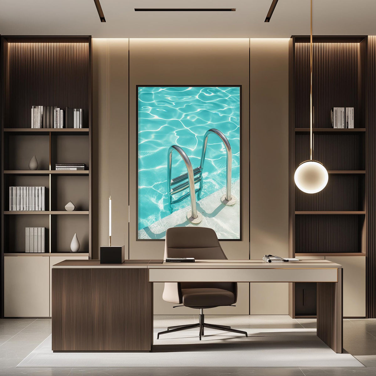a modern office space with a large framed picture of a swimming pool on the wall, featuring a ladder and water. The office has a wooden desk, a chair, and a bookshelf with various items on it.