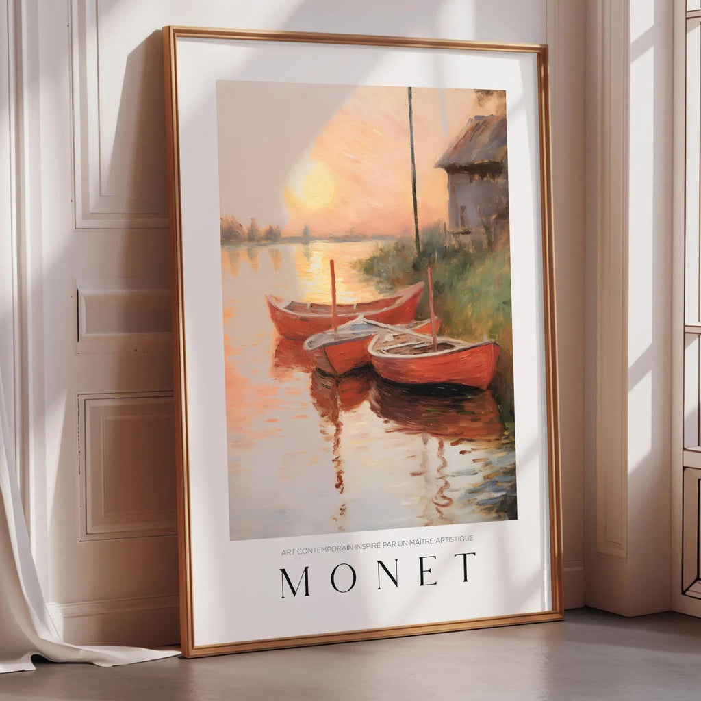 a framed painting of three boats on a body of water, with a sunset in the background.