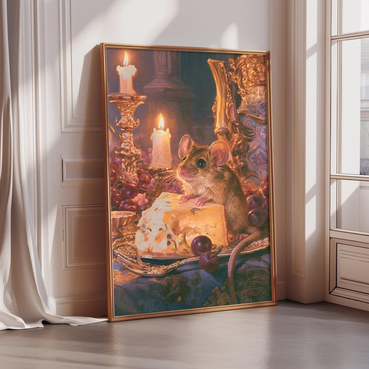 A painting of a mouse sitting on a plate of cheese, surrounded by various fruits and a candle, in a dimly lit room.