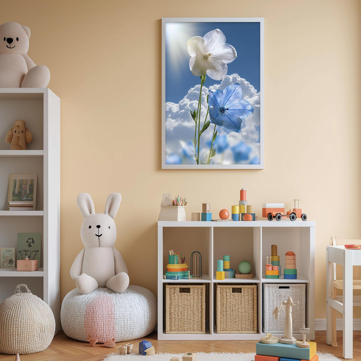 A cozy children's room with a white bookshelf, a plush bunny, and a colorful toy box filled with toys. Above the bookshelf, there is a framed picture of a blue flower against a cloudy sky.