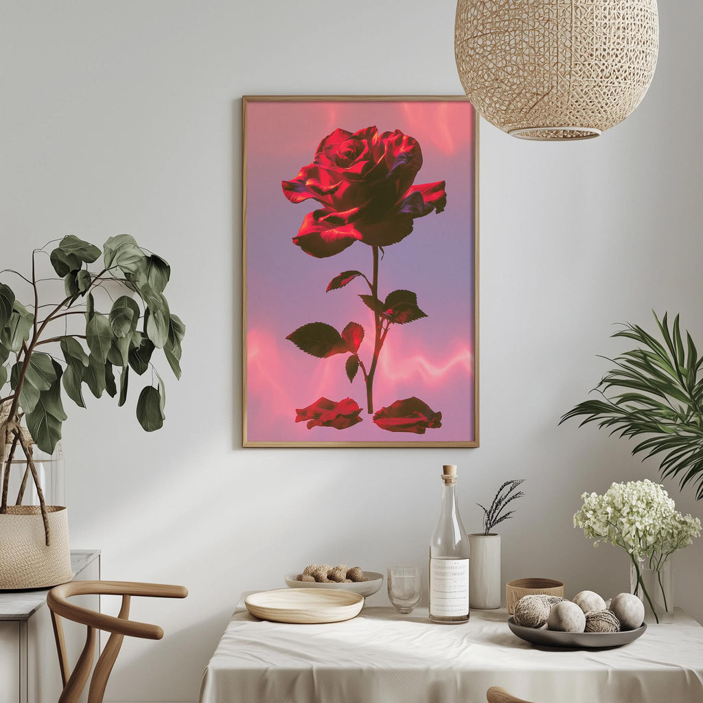 a dining table with a white tablecloth, a bowl of fruit, a bottle, and a vase with flowers. Above the table, there is a framed picture of a red rose.