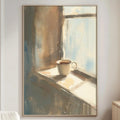 a cozy living room with a white sofa, a wooden side table, and a framed painting of a cup of coffee on a windowsill.