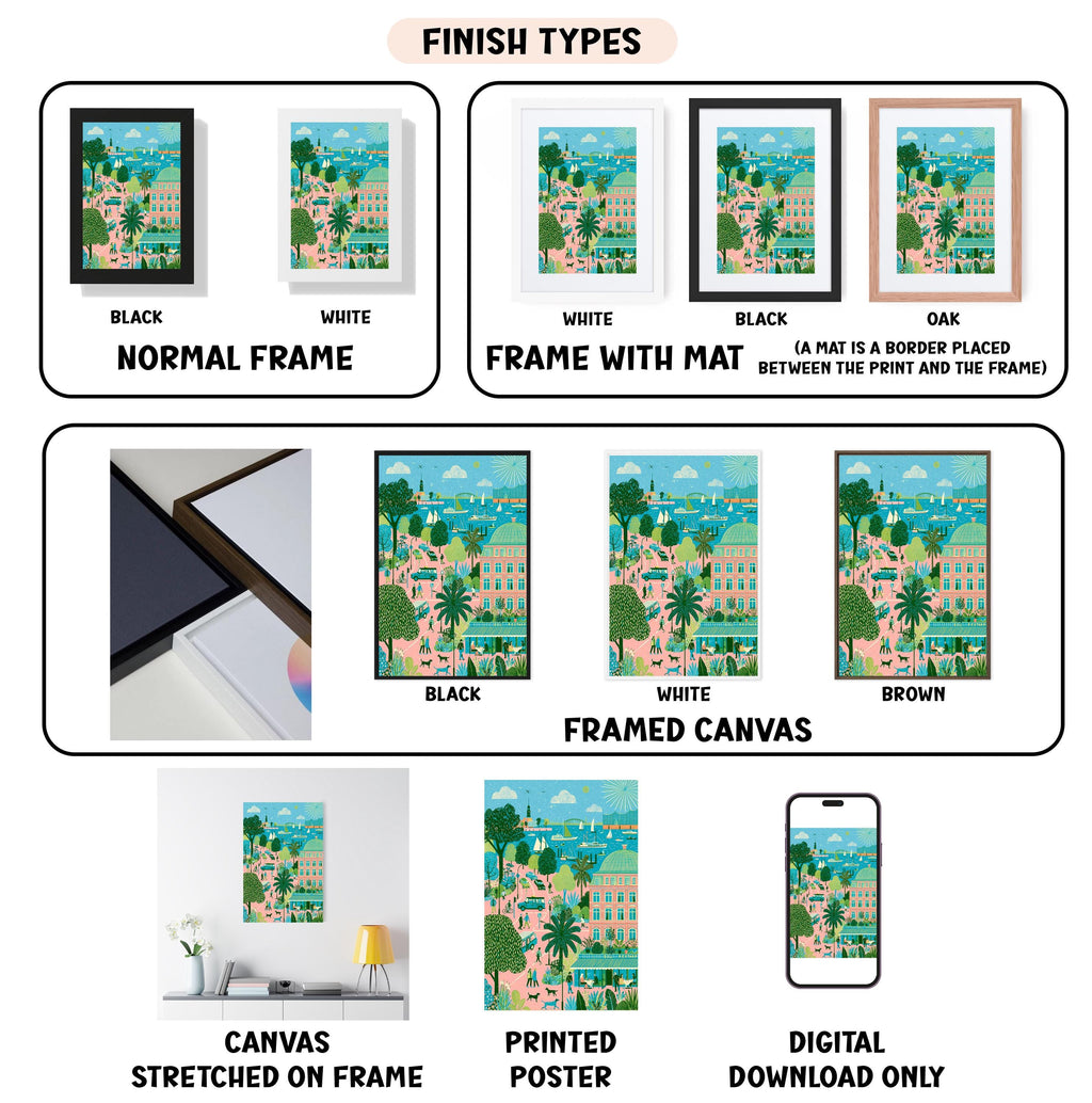 various types of artwork, including paintings, framed prints, and digital art, each with different finishes and frame styles.
