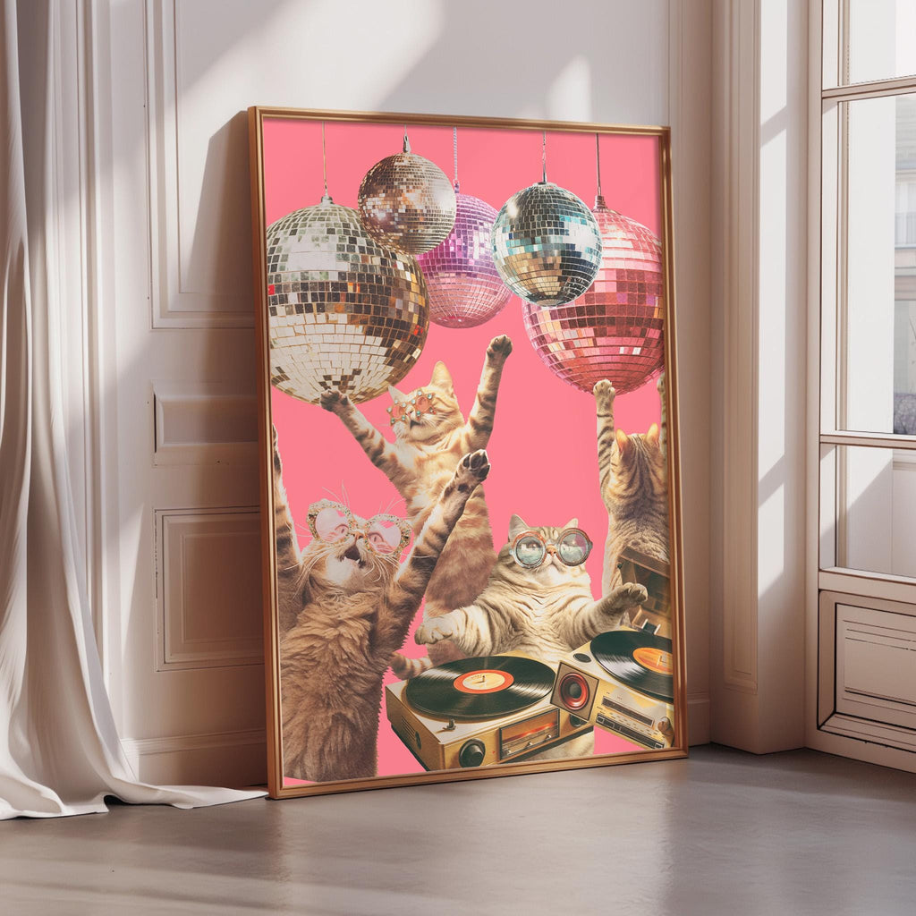 A framed collage of cats wearing sunglasses and dancing with disco balls, creating a lively and whimsical scene.