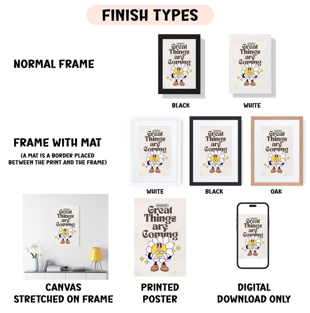 various finish types for a canvas or poster, including a normal frame, a black frame, a white frame, a black frame, an oak frame, a white frame, a black frame, and a digital download only. The image also features a canvas stretched on a frame, a printed poster, and a digital download only.