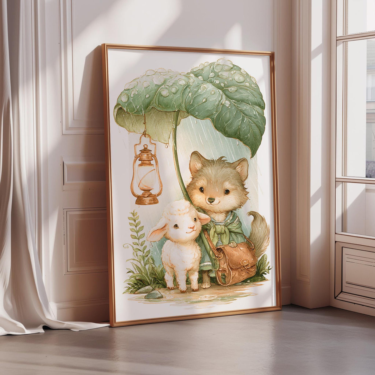 A framed illustration depicting a wolf and a lamb sharing an umbrella in the rain, with a lantern hanging nearby.