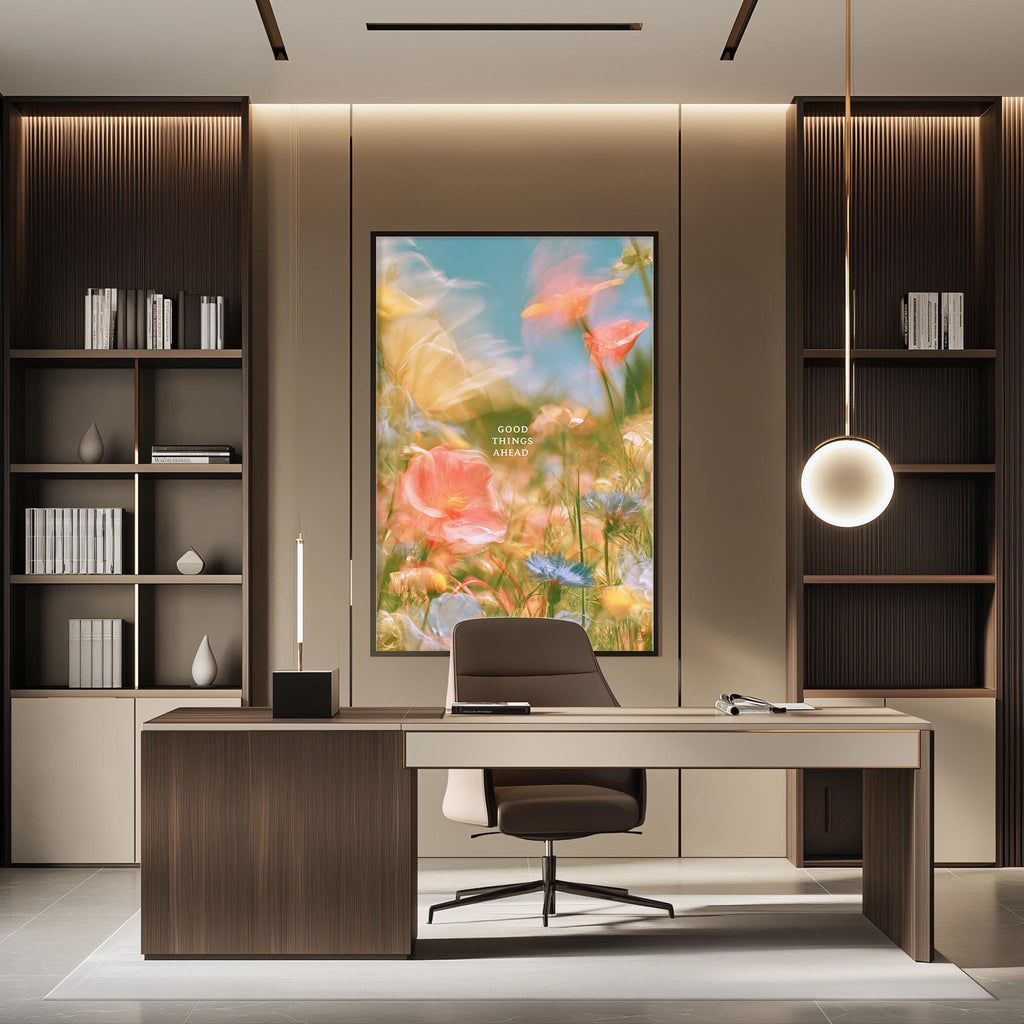 a modern and well-lit office space with a large framed artwork of flowers on the wall, a wooden desk with a chair, and built-in bookshelves.