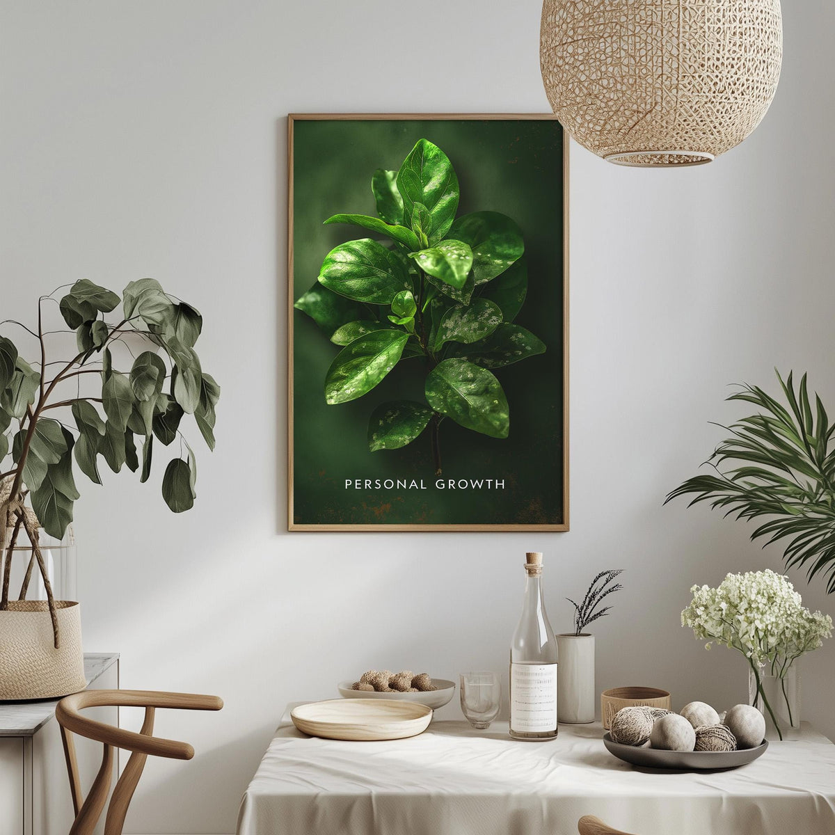 a dining table with a white tablecloth, a bowl of fruit, a bottle, and a vase with flowers. Above the table, there is a framed picture of a plant with green leaves.