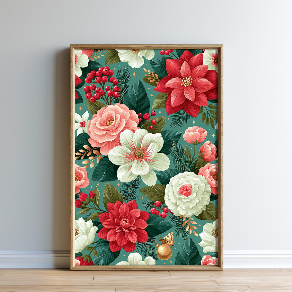 a vibrant floral pattern with red, pink, white, and green flowers and leaves, creating a visually appealing and colorful display.