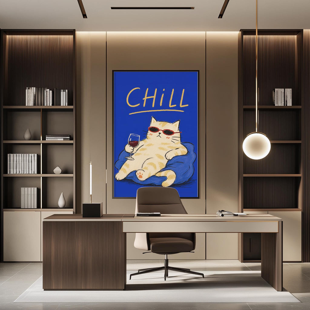 a modern office space with a large blue poster of a cat wearing sunglasses and holding a glass of wine on the wall. The office has a wooden desk, a chair, and a bookshelf filled with books.