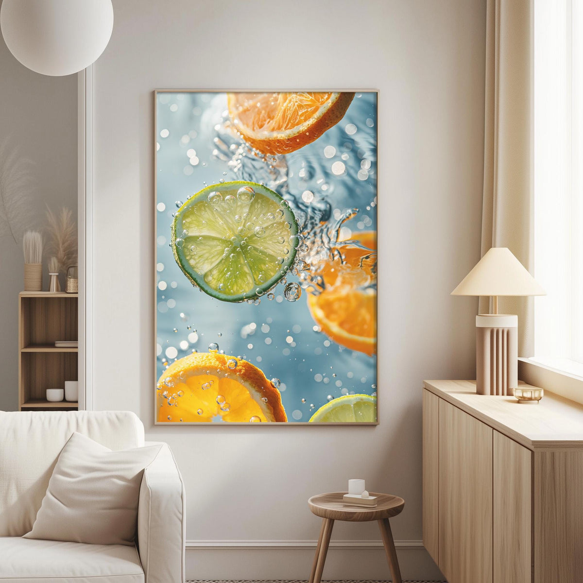 a vibrant and colorful painting of sliced oranges and lemons, with water droplets splashing around them, creating a lively and refreshing atmosphere.