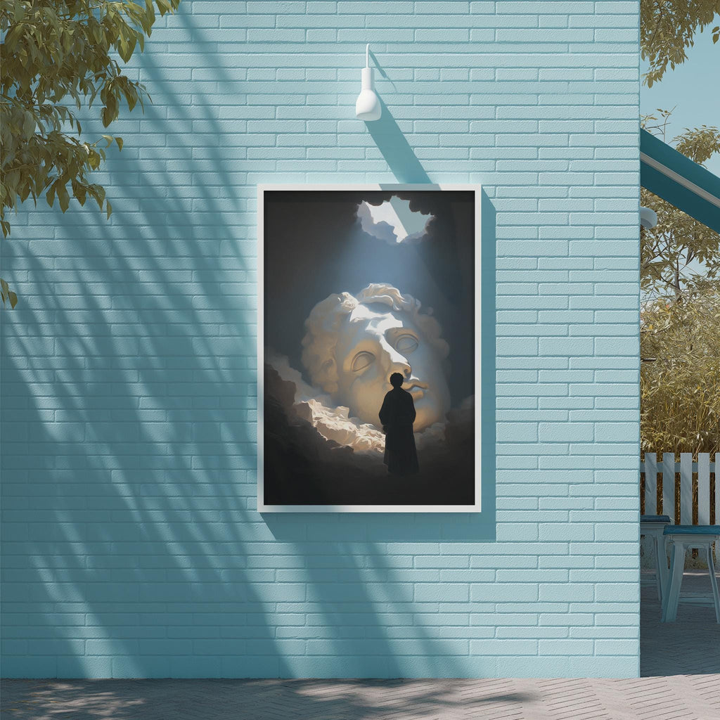 a large framed artwork depicting a person standing in front of a cloud-filled sky, with a white light fixture hanging above the artwork on a blue brick wall.