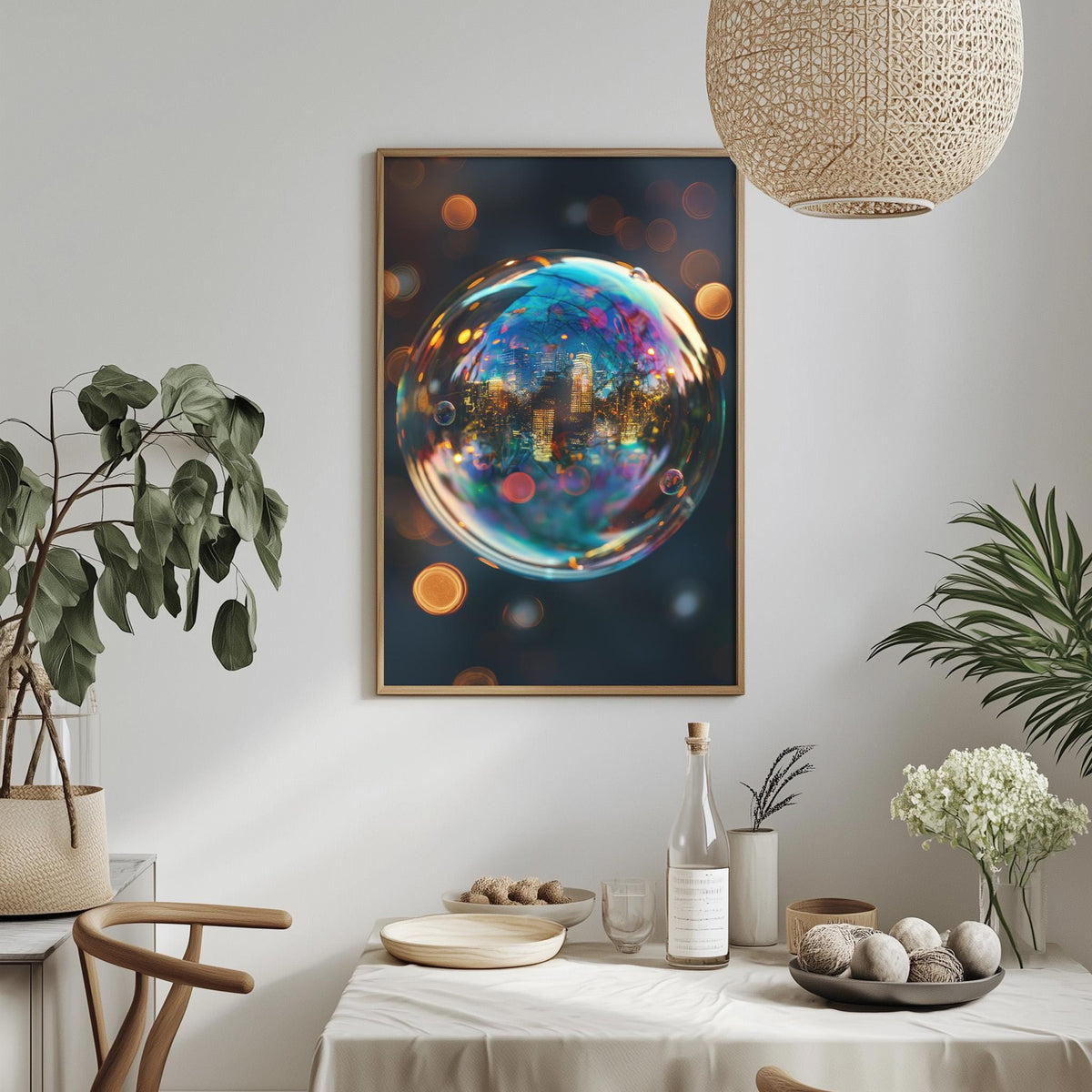 a dining table with a white tablecloth, a bottle, a bowl, and a vase with flowers. Above the table, there is a framed picture of a colorful bubble-like object with a cityscape inside it.