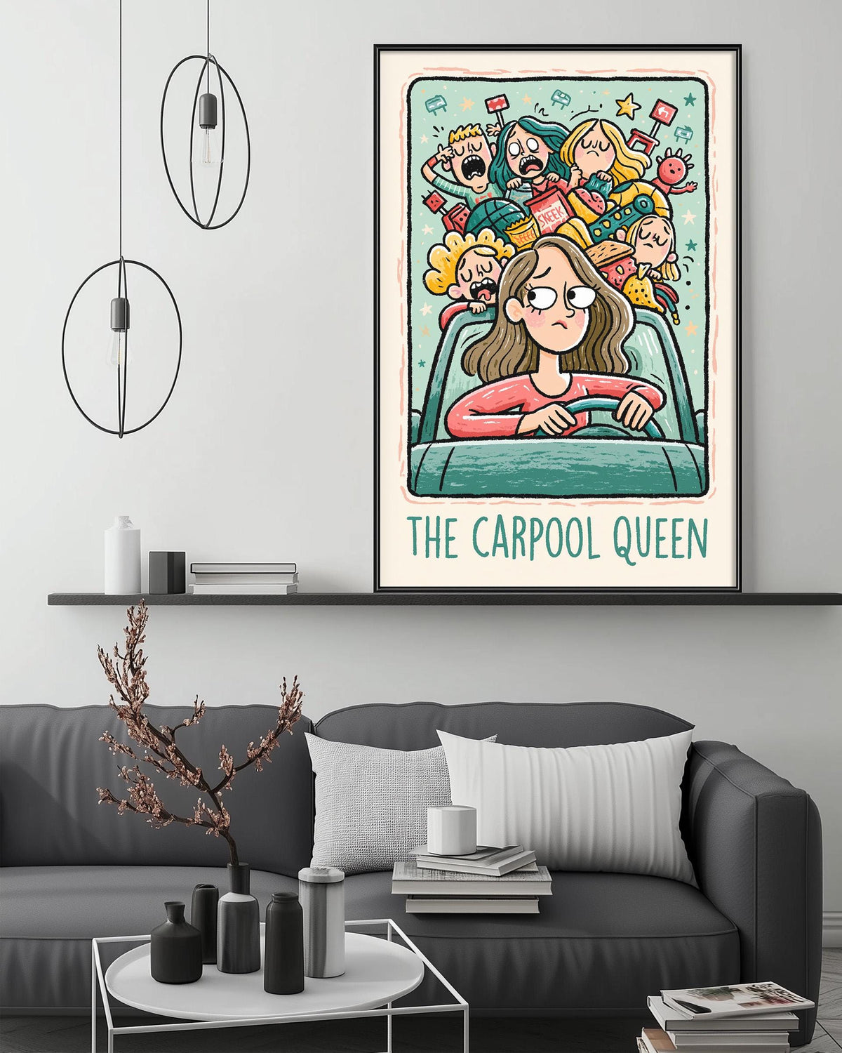 a poster of a woman driving a car surrounded by various cartoon characters, with the text "The Carpool Queen" below the illustration.