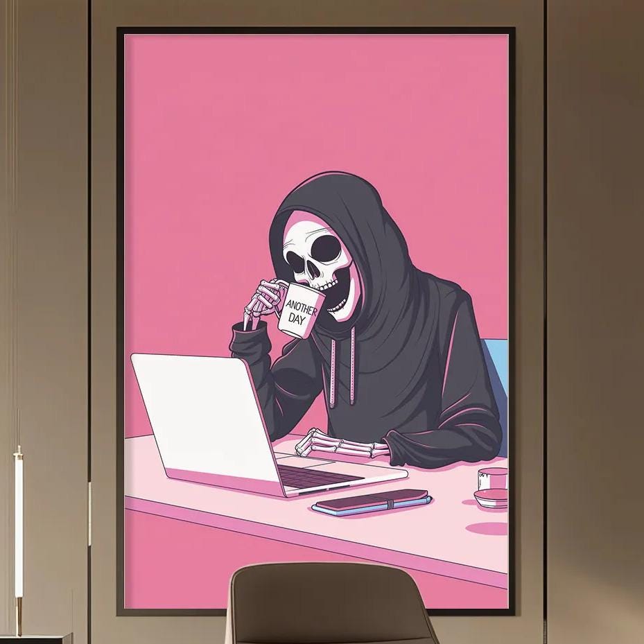 a modern office space with a desk, chair, and a large framed artwork depicting a skeleton using a laptop.