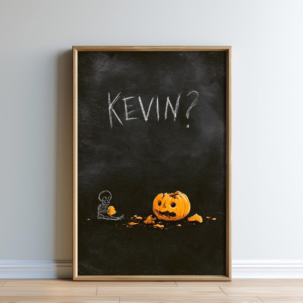 The image is a framed artwork depicting a skeleton holding a carved pumpkin, with the word "KEVIN?" written above it.