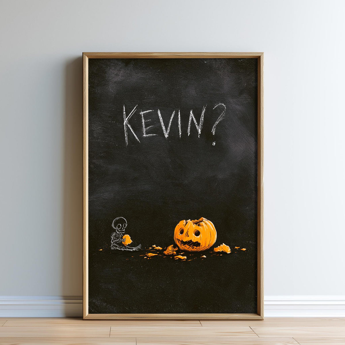 The image is a framed artwork depicting a skeleton holding a carved pumpkin, with the word "KEVIN?" written above it.