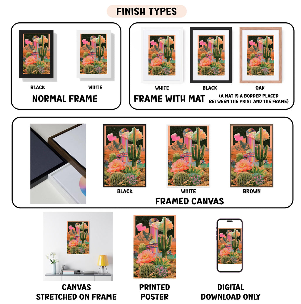 various finish types for a framed artwork, including a black and white, white, black, oak, and white mat. It also displays a framed canvas, a stretched canvas, a printed poster, and a digital download. The image is a collage of multiple images showcasing different finish types and framed artworks.