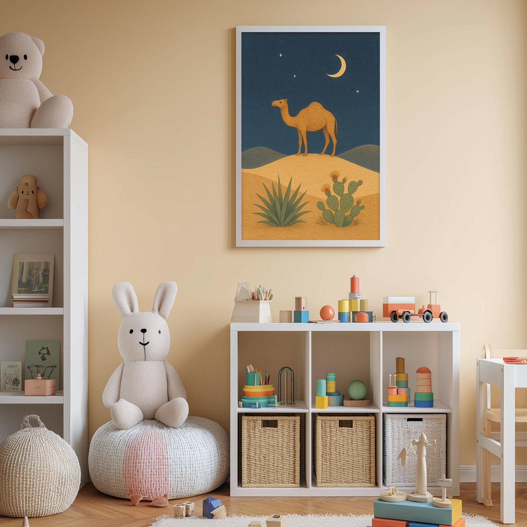 A cozy children's bedroom with a large stuffed rabbit, a bookshelf, and a toy storage unit. The room has a warm, inviting atmosphere with a desert-themed painting on the wall.