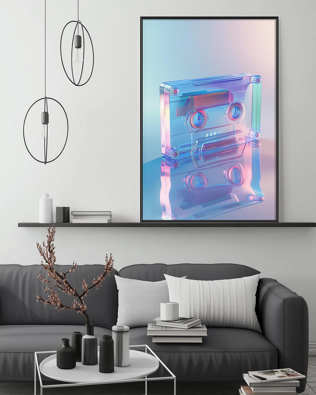 a modern living room with a gray sofa, a coffee table, and a large framed artwork depicting a colorful abstract object resembling a cassette tape.