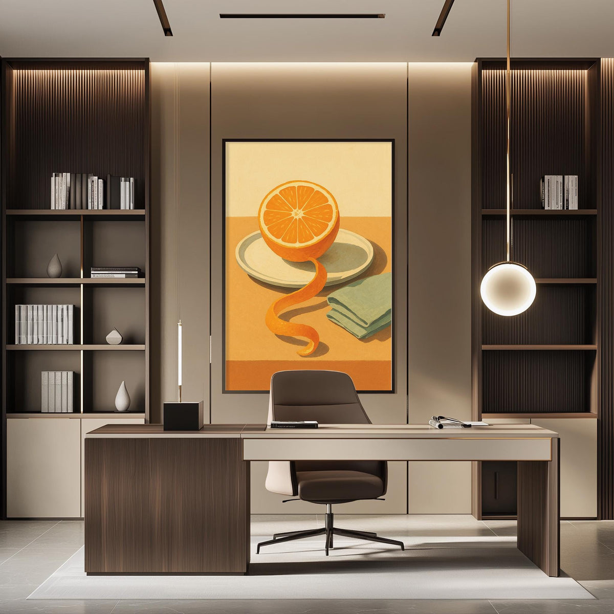 a modern office space with a large orange slice artwork hanging on the wall, a wooden desk with a chair, and built-in bookshelves.