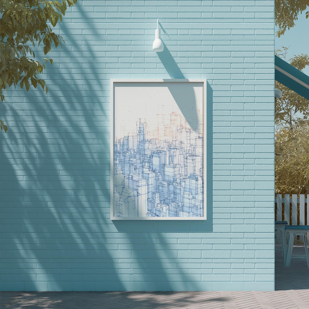 a blue brick wall with a framed artwork depicting a city skyline.