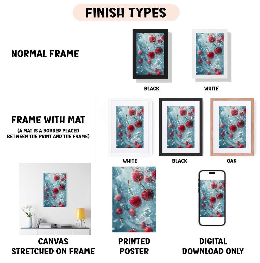 various finish types for artwork, including a normal frame, a frame with a mat, a white frame, a black frame, an oak frame, a white canvas stretched on a frame, a printed poster, and a digital download only.