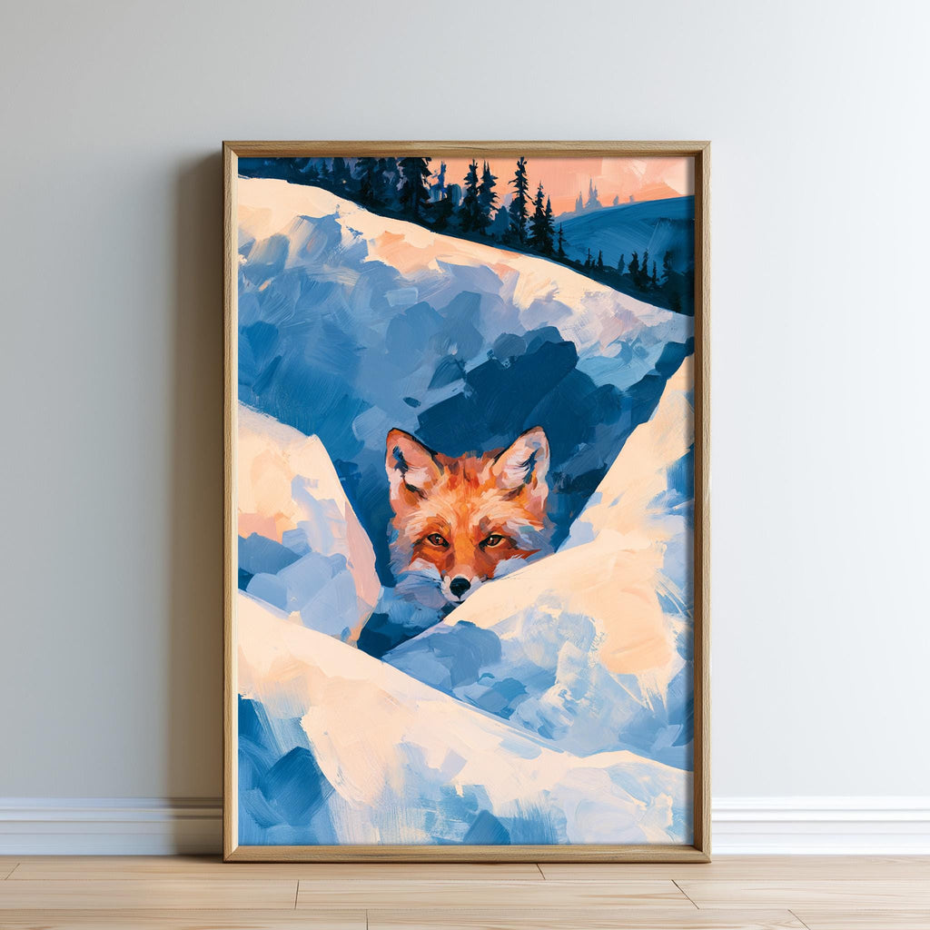 A framed painting depicting a fox peeking out from a snowy landscape with trees in the background.