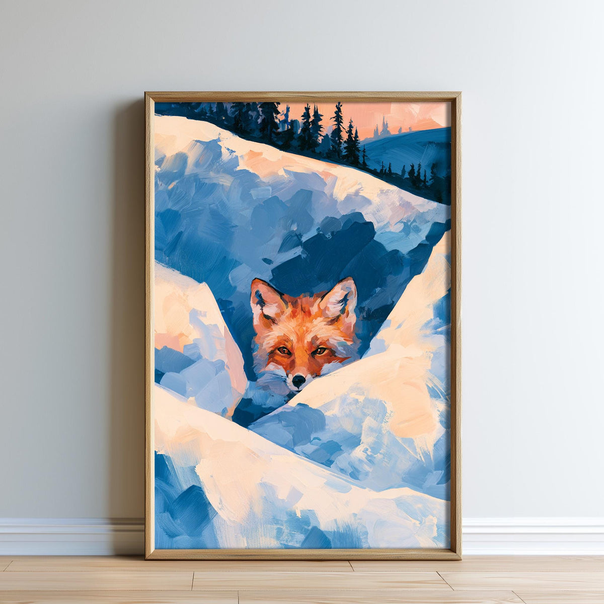 A framed painting depicting a fox peeking out from a snowy landscape with trees in the background.