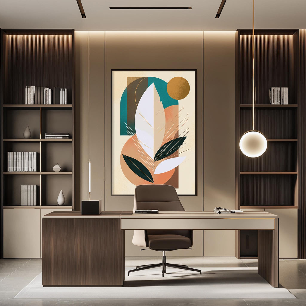 a modern and stylish office space with a large abstract painting on the wall, a wooden desk with a chair, and built-in bookshelves.