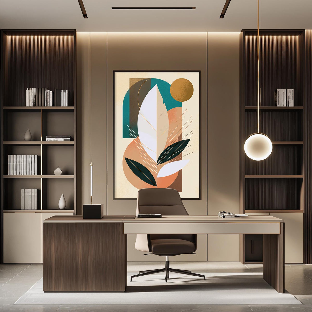 a modern and stylish office space with a large abstract painting on the wall, a wooden desk with a chair, and built-in bookshelves.