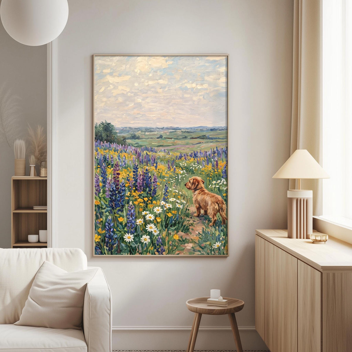 a serene living room with a large painting of a dog standing in a field of colorful flowers hanging on the wall.