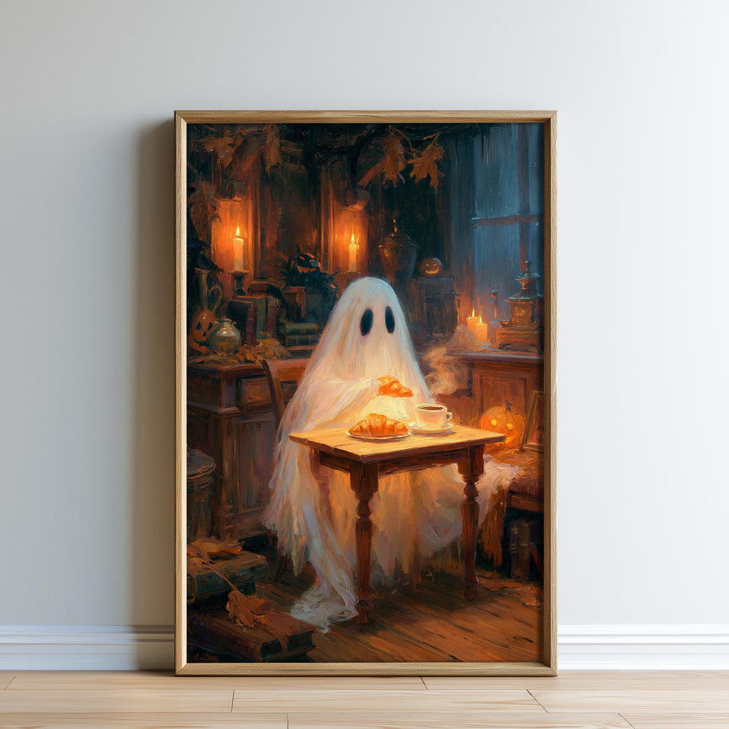 a ghost sitting at a table with food, surrounded by a dimly lit, atmospheric setting.