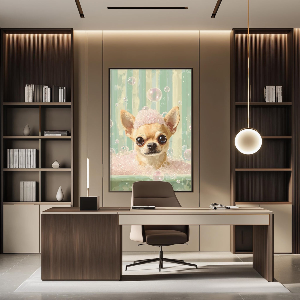 a modern office space with a large framed picture of a dog in a bathtub as the focal point. The office has a wooden desk, a chair, and a bookshelf, creating a professional and stylish atmosphere.