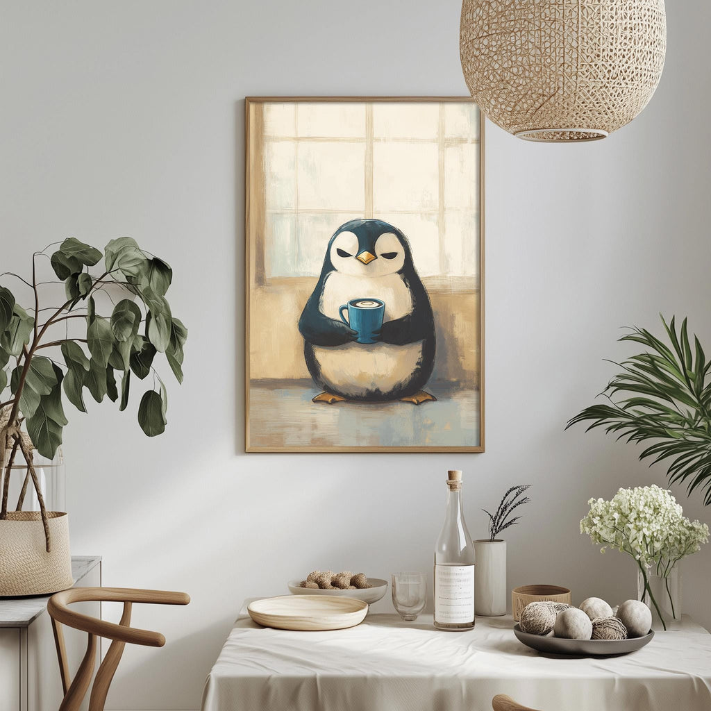 a cozy dining scene with a framed painting of a penguin holding a cup of coffee hanging on the wall above a table set with plates, bowls, and a bottle.