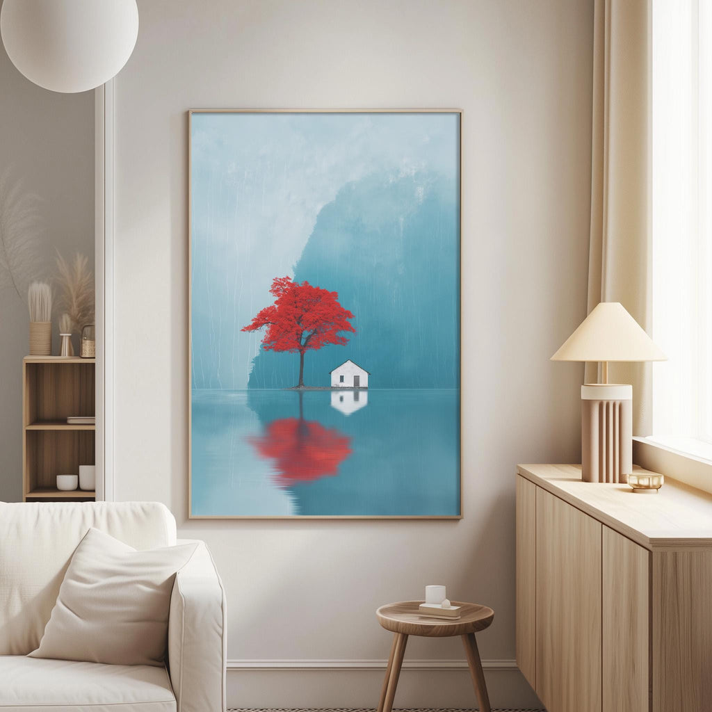 a serene living room with a large painting of a red tree reflected in a calm body of water, creating a sense of tranquility and harmony.