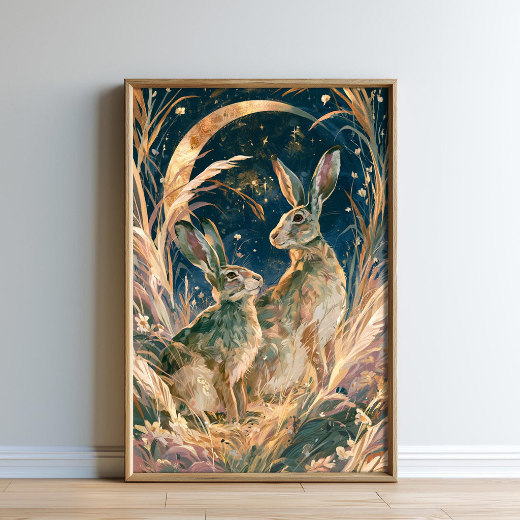 The image is a framed painting depicting two rabbits in a lush, natural setting with a crescent moon and stars in the night sky.