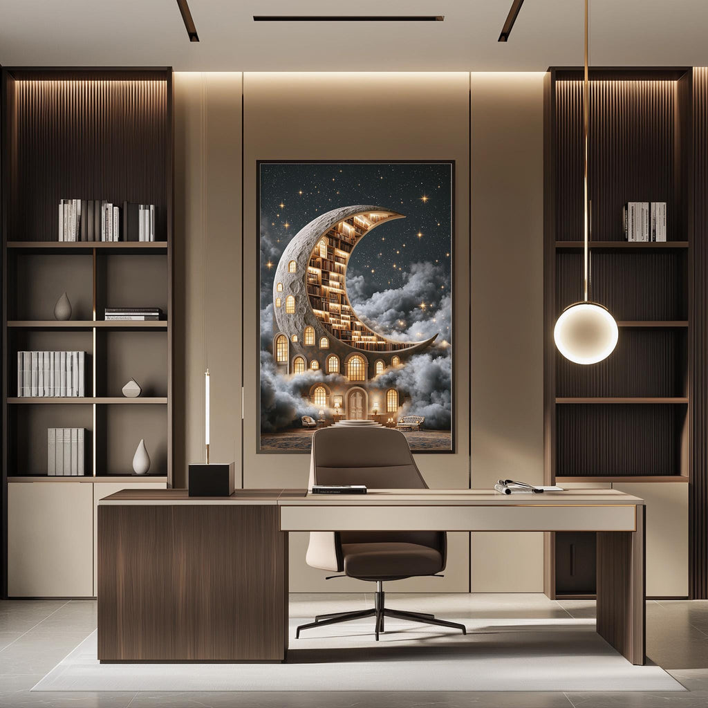 a modern and stylish office space with a large framed artwork of a crescent moon and a building on the wall. The office features a desk, chair, and shelving units, creating a professional and comfortable work environment.