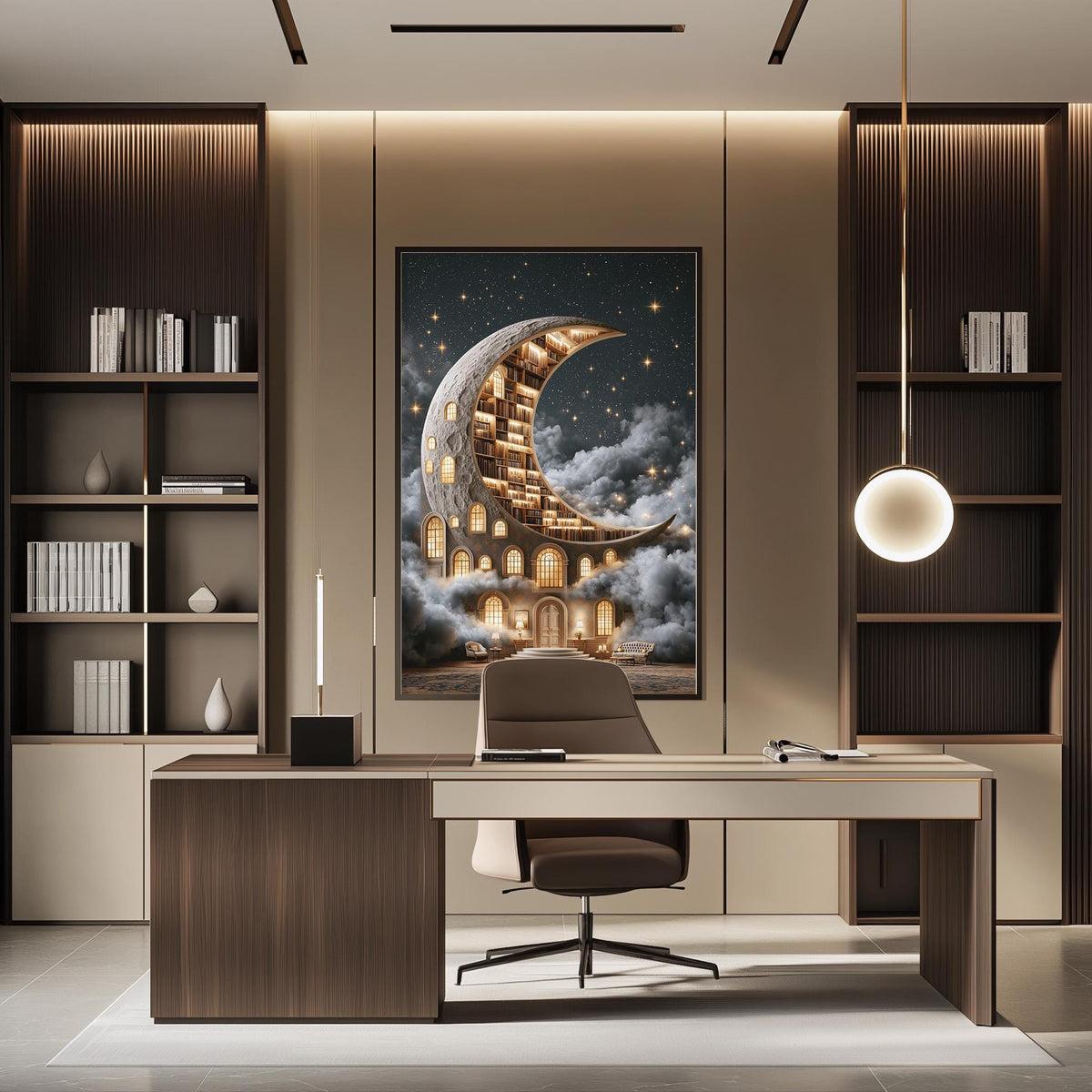 a modern and stylish office space with a large framed artwork of a crescent moon and a building on the wall. The office features a desk, chair, and shelving units, creating a professional and comfortable work environment.