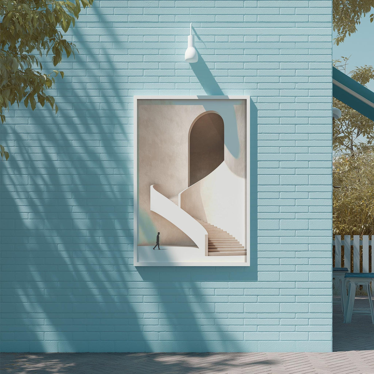 a blue brick wall with a framed picture of a white staircase and a person walking up the stairs.