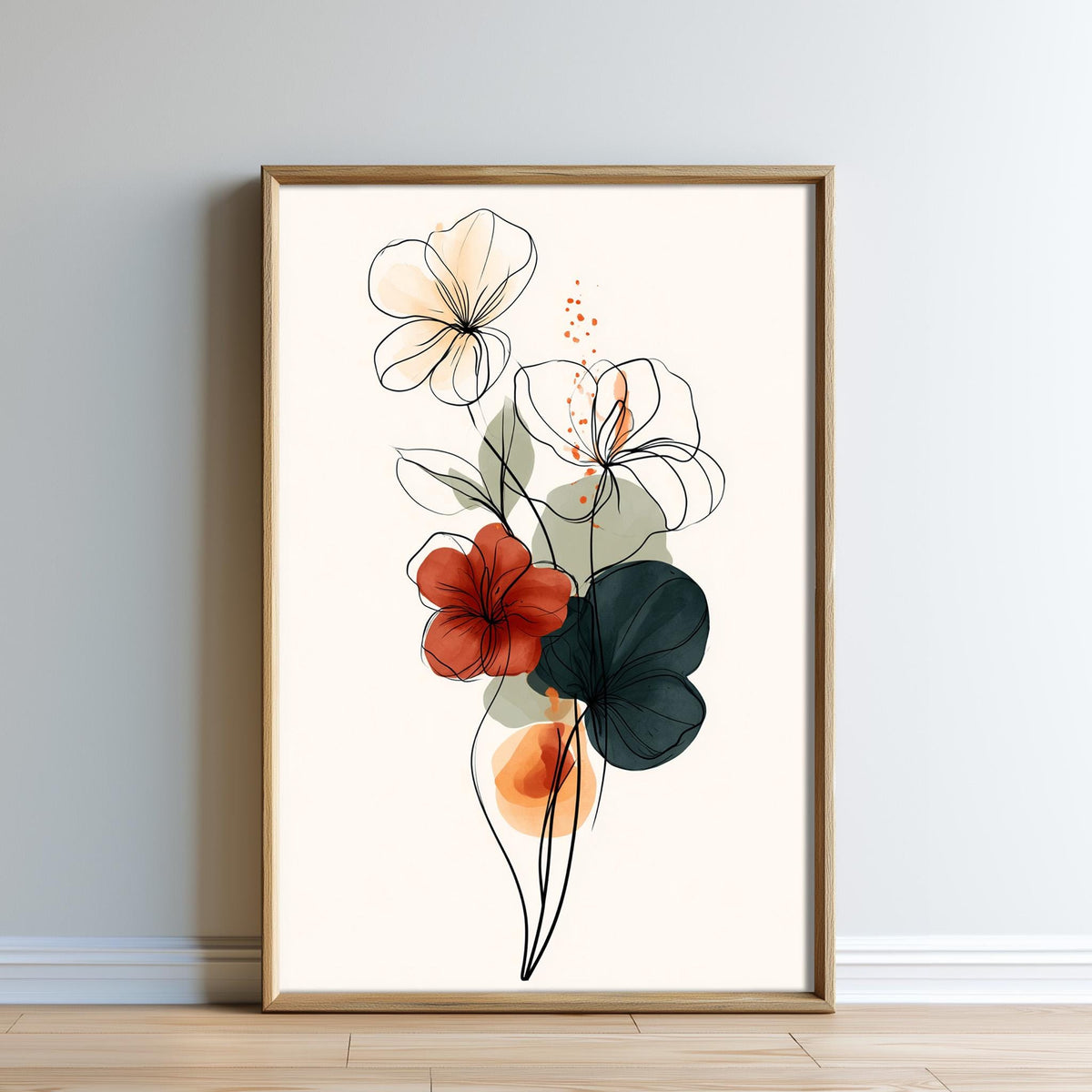 A framed print of a floral design featuring abstract flowers in various colors and shapes.