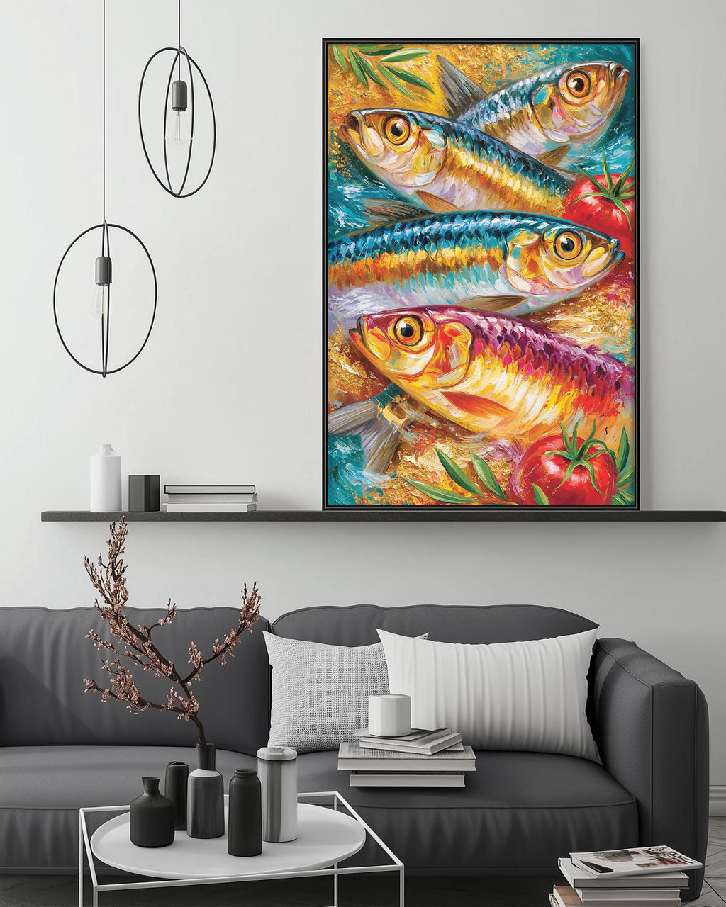 a large, colorful painting of fish displayed on a wall above a gray couch in a living room setting.
