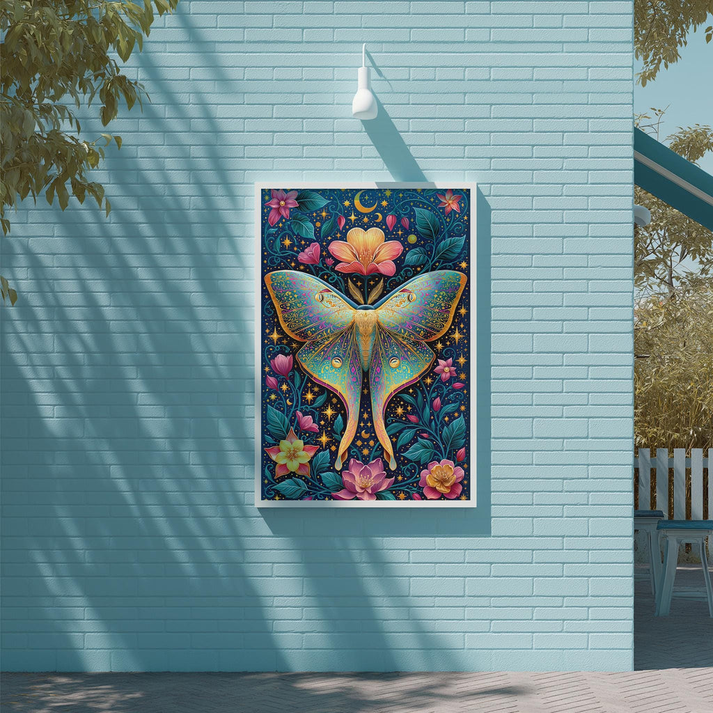 a vibrant and colorful butterfly mural painted on a blue brick wall.