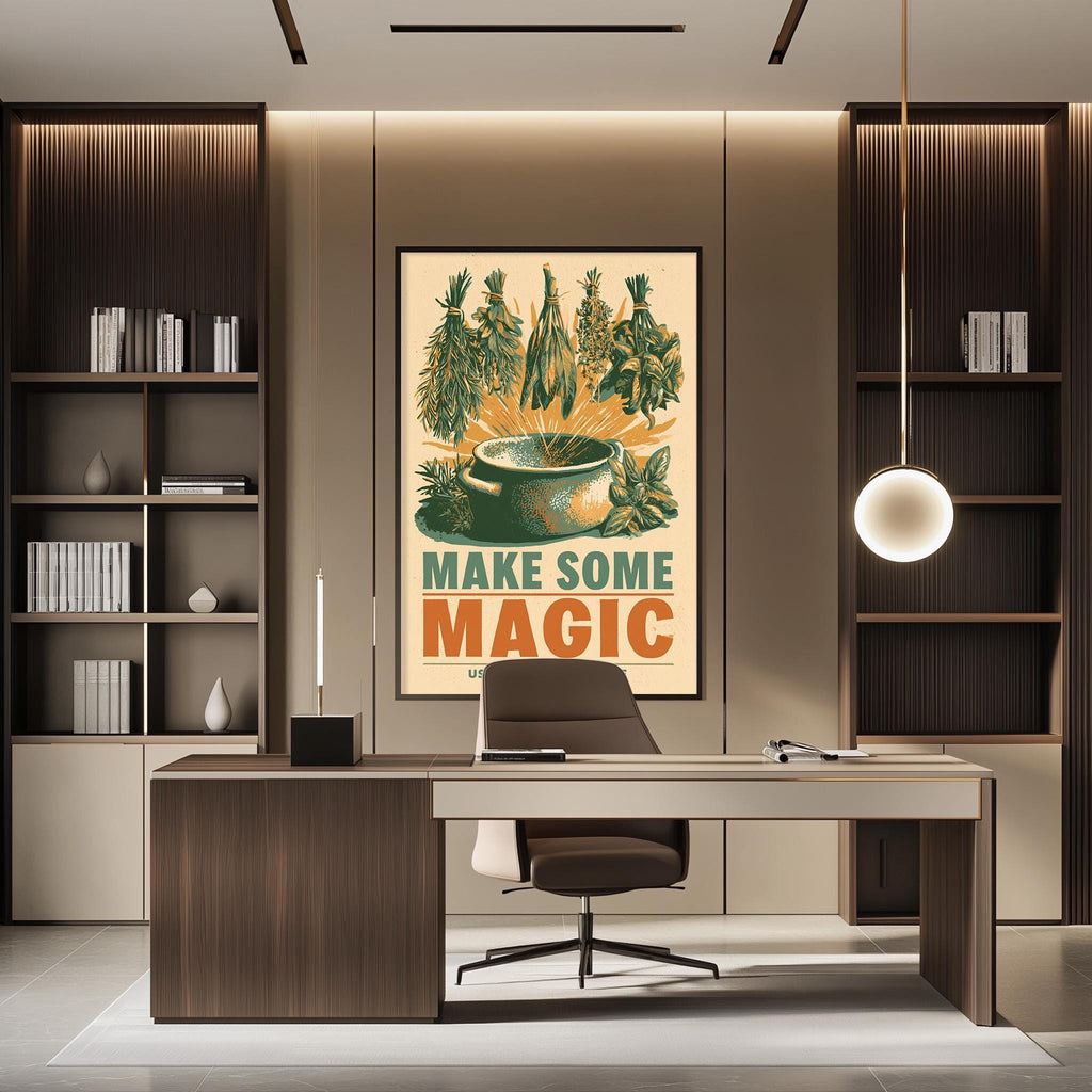 a modern office space with a large framed poster on the wall that says "MAKE SOME MAGIC". The office has a wooden desk, a chair, and a bookshelf. The overall design and decor of the space create a professional and creative atmosphere.