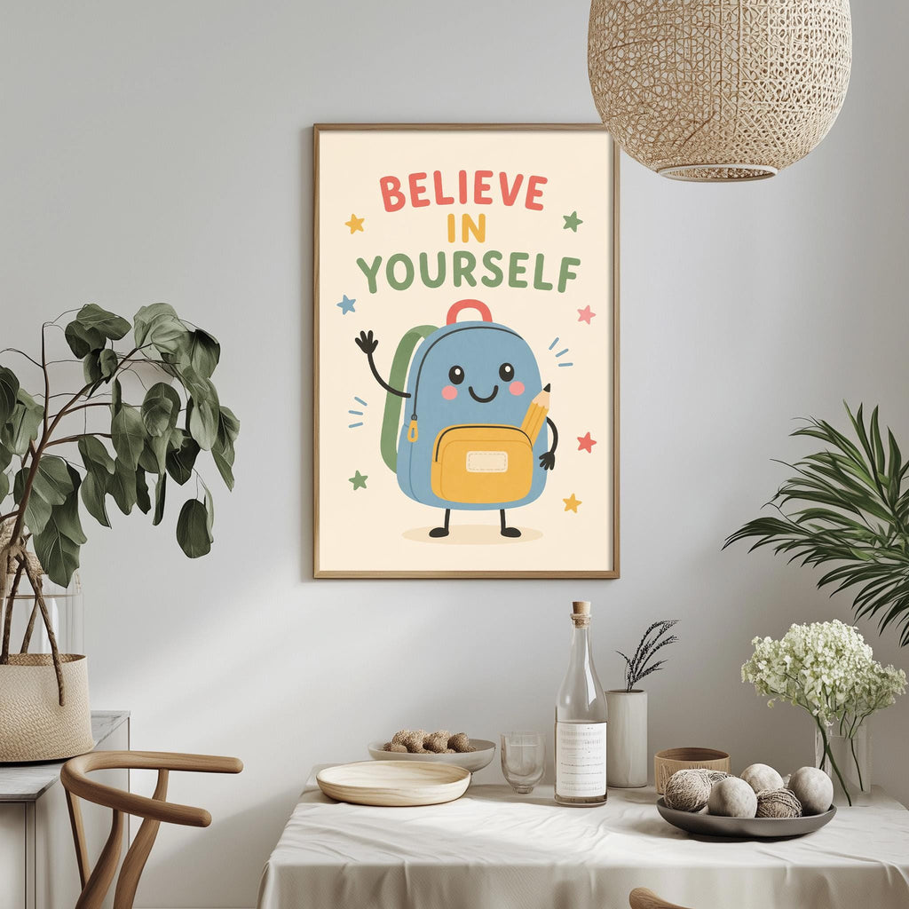 a framed poster with a cartoon backpack and the text "Believe in yourself" above it, hanging on a wall above a dining table with various items on it.